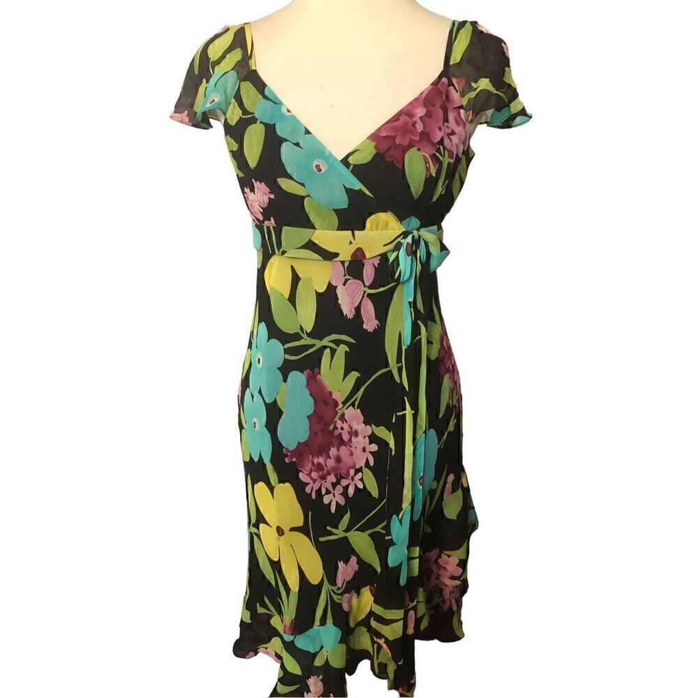 Nine West silk floral tiered asymmetrical capped chiffon sleeve dress